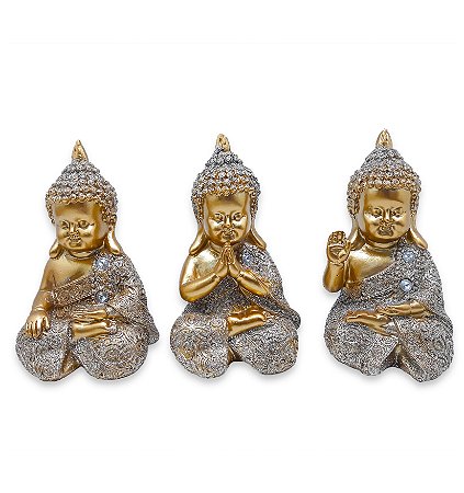 Trio Baby Buda Tailandês Rezando Meditando Acenando 10 cm