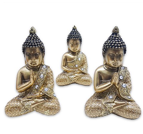 Trio Buda Tibetano da Sabedoria Meditação Gold Com Strass