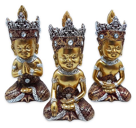 Trio de Buda Tailandês da Prosperidade Vermelho Gold 12cm
