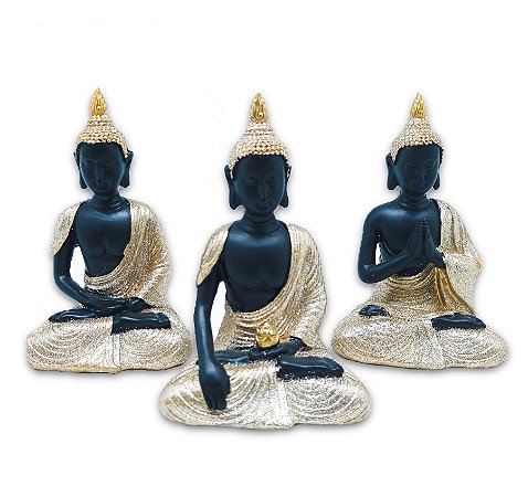 Trio de Buda Tailandês da Sabedoria Preto Dourado 12 cm