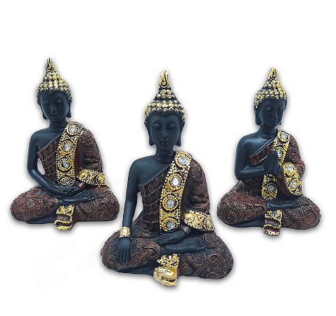 Trio de Budas Tailandeses Meditando Yoga Preto Marrom 12 cm