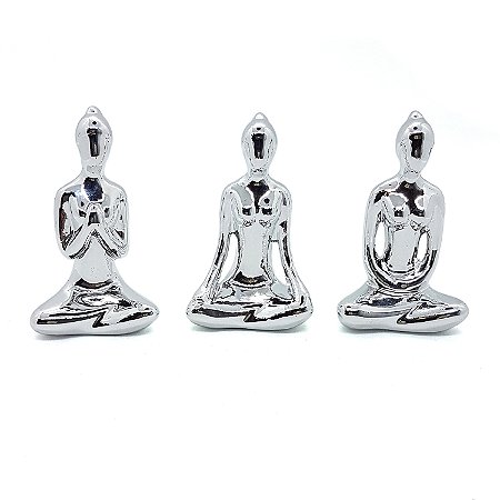 Trio De Ioga Estátua Rezando Meditando Luxo Porcelana Prata
