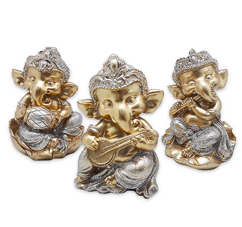 Trio Ganesha da Prosperidade Ganesha Músico Gold 14 cm