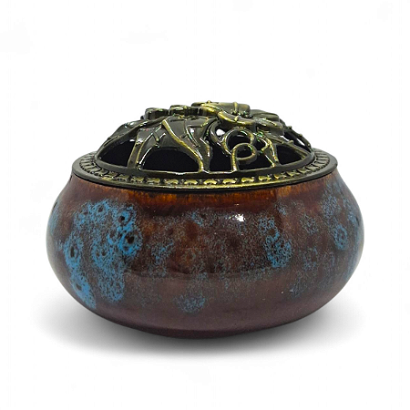 Turíbulo Incensário de Mesa com Cerâmica Marrom e Azul 8 cm