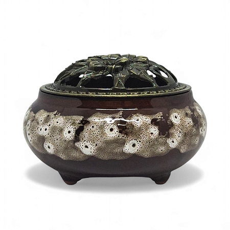 Turíbulo Incensário de Mesa com Cerâmica Marrom e Branco 8cm