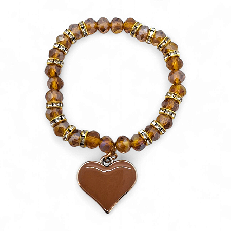 Pulseira Coração Marrom Cristal com Detalhes Dourados