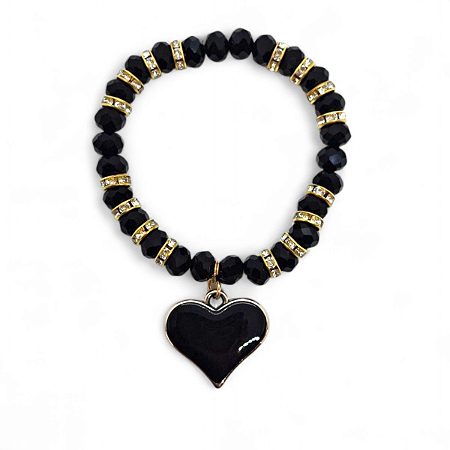 Pulseira Coração Preto Cristal com Detalhes Dourados