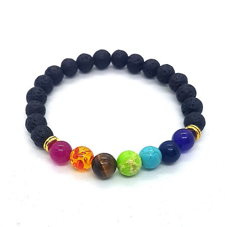 Pulseira Feminina 7 Chakras com Pedra Vulcânica Ajustável