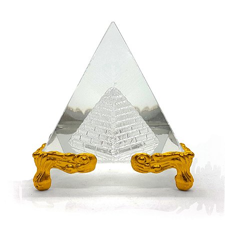 Pirâmide de Vidro Gravado Interno com Base em Metal 6 cm