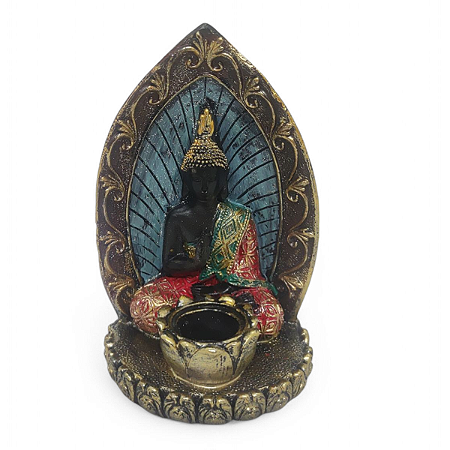 Porta Velas Buda e Folha Preto Brilhante Meditando 14 cm