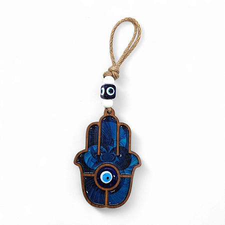 Móbile Mão Hamsá Olho Grego Mdf Azul Afasta Mau Olhado 22 cm