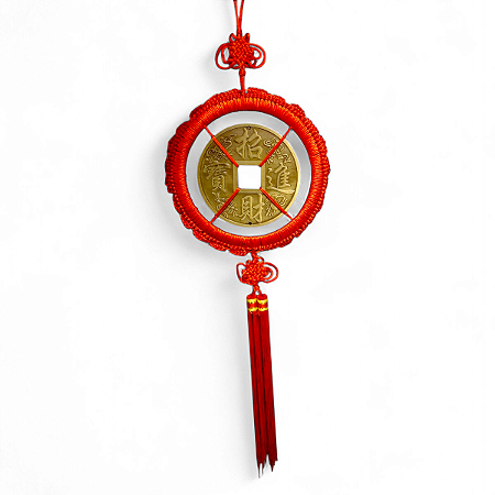 Móbile Talismã da Prosperidade Moeda Feng Shui Amuleto 50 cm