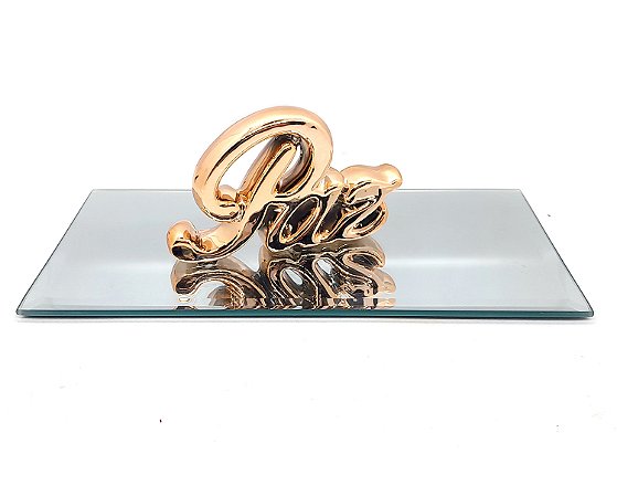 Palavra Paz Rosé Decorativa Enfeite Bandeja Espelhada 20x10