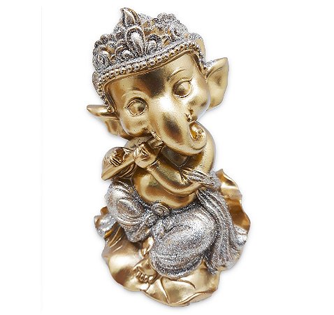 Ganesha da Prosperidade Ganesh Músico Flauta Gold 14 cm