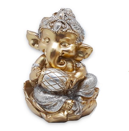 Ganesha da Prosperidade Ganesh Músico Percussão Gold 14 cm
