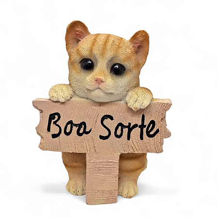 Enfeite Gato Laranja Placa de Boa Sorte em Resina 14 cm