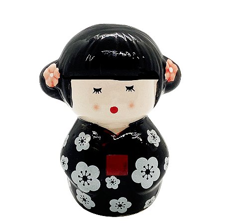 Enfeite Japonesa Kokeshi Cerâmica Preta Felicidade do Lar