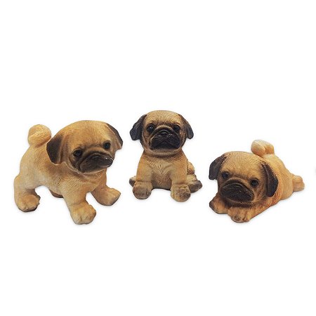 Enfeite Trio de Cachorros Pug Detalhados em Resina 7 cm