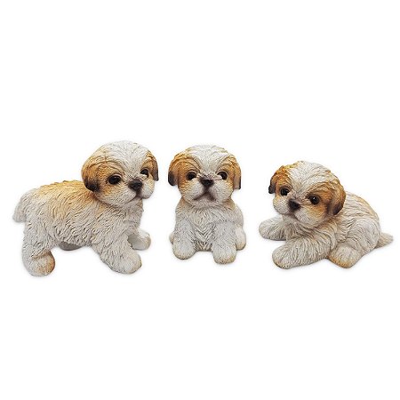 Enfeite Trio de Cachorros Shih tzu Detalhados em Resina 7 cm