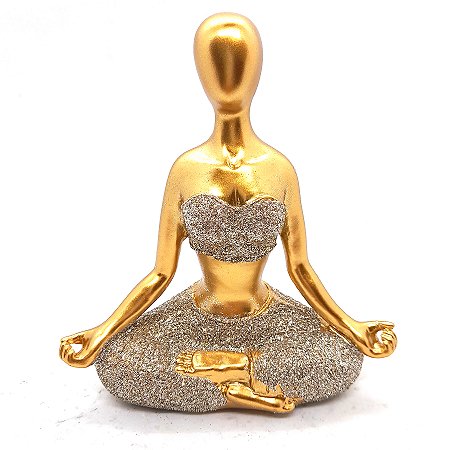 Enfeite Yoga Decorativa Resina Meditando Brilho Dourado 12cm