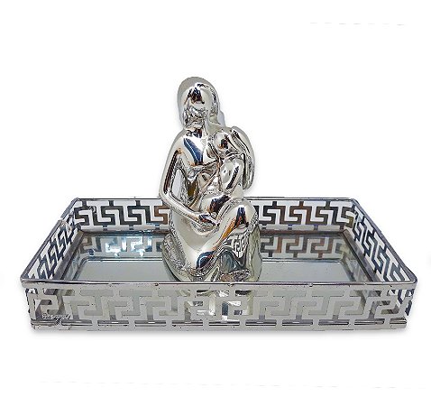 Estátua Decorativa Mãe e Filho Porcelana Bandeja Espelhada