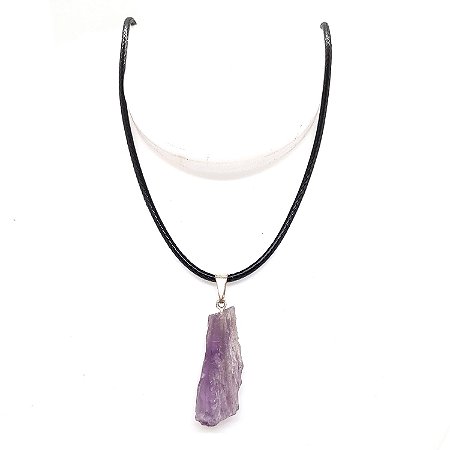 Colar com Pingente Ametista Bruta Natural Camurça Ajustável
