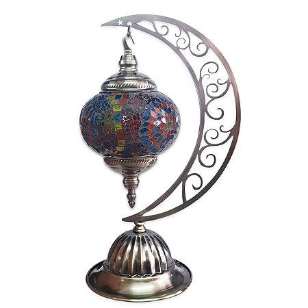 Abajur Lua Turco Mosaico Flor Vidro Colorido Bivolt 40 cm
