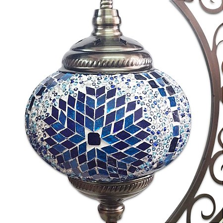 Abajur Lua Turco Mosaico Metal Colorido Azul e Branco 40 cm