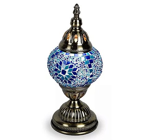 Abajur Turco Mosaico Metal Vidro Azul Bivolt 28 cm YMA401