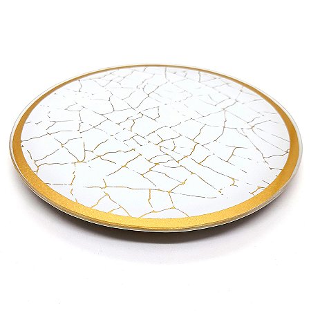Bandeja Lavabo Sala em Vidro Craquelado Branco Dourado 15cm