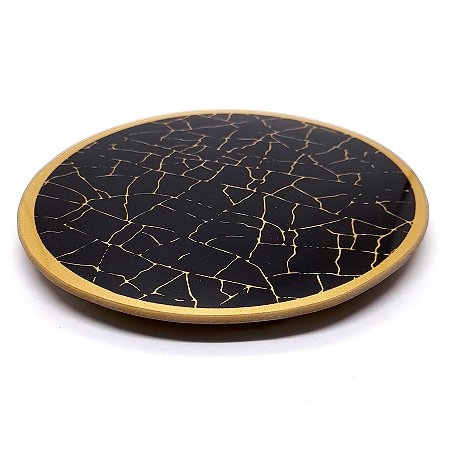 Bandeja Lavabo Sala em Vidro Craquelado Preto e Dourado 15cm