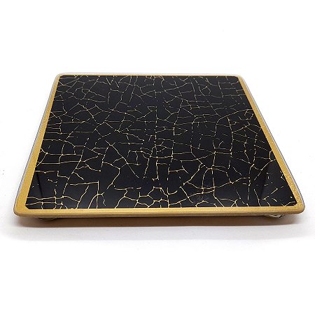 Bandeja Lavabo Sala Vidro Craquelado Preto e Dourado 15cm