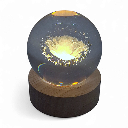 Bola de Cristal Luminária Flor com Base de Madeira 6 cm