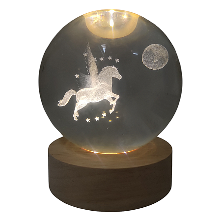 Bola de Cristal Luminária Unicórnio com Base  Madeira 8 cm