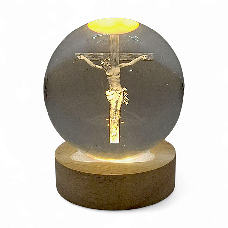 Bola de Cristal Luminárial Jesus Cristo e Base Madeira 8 cm