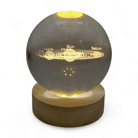 Bola de Cristal Luminárial Planetas com Base Madeira 8 cm