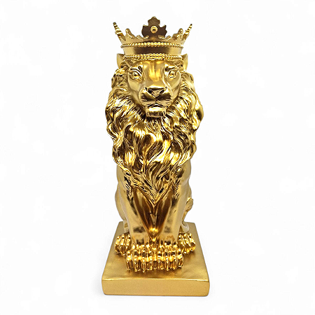 Estatueta Leão Dourado Brilhante com Coroa de Resina 36 cm