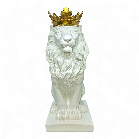 Estatueta Leão Branco Brilhante com Coroa de Resina 36 cm