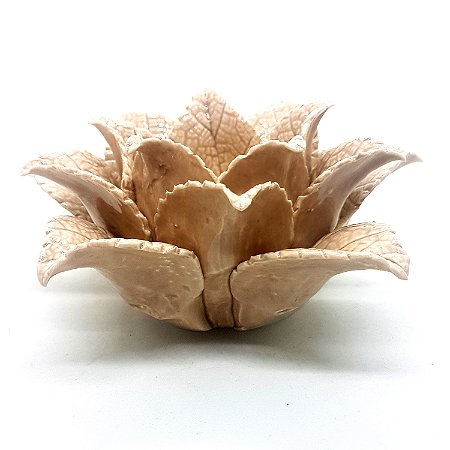 Porta Velas em Flor Cerâmica Bege Decoração Ambiente 14 cm