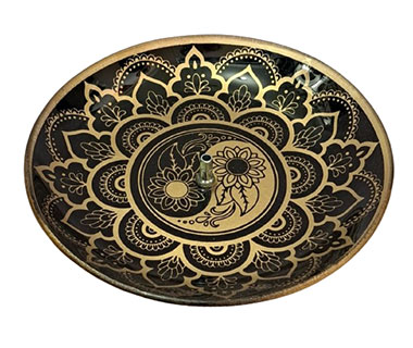 Incensário Redondo Yin Yang Preto e Dourado em Vidro (13cm)
