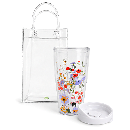 Kit Presente Sacola Cristal e Copo com Tampa Click (Flores do Campo)