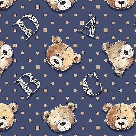 Tecido Tricoline Digital Coleção Teddy Bear - Rostos Ursos Fundo Marinho