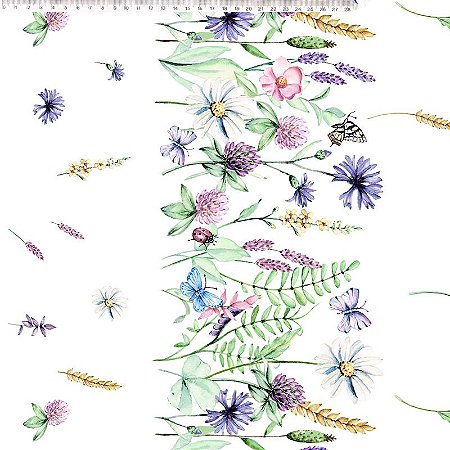 Tecido Tricoline Coleção Floratta - Sarja - Botanicals Barrado Floral com Borboletas