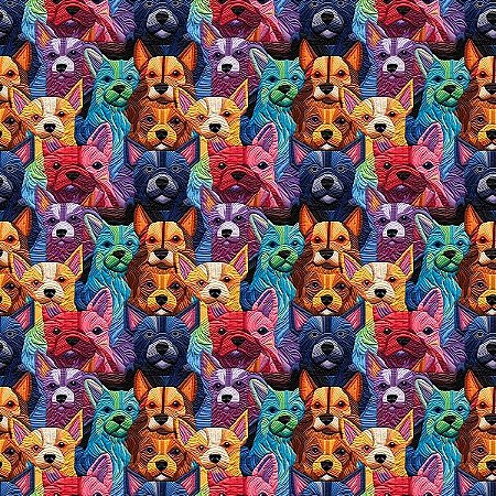 Tecido Tricoline Digital - Cachorrinhos Coloridos Bordados