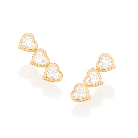 Brinco Rommanel Ear Cuff Corações com Zircônias Ouro 18K