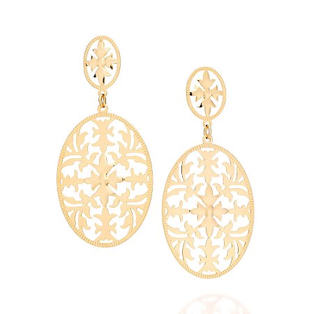 Brinco Rommanel Oval Trabalhado Ouro 18K