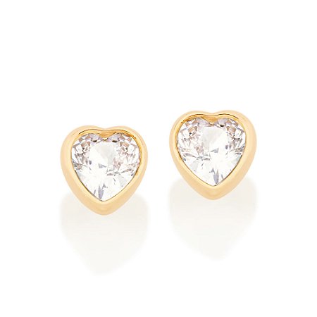 Brinco Rommanel Solitário Coração com Zircônias Ouro 18K