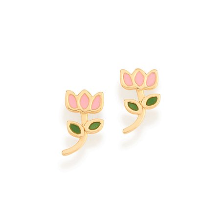 Brinco Rommanel Infantil Flor Tulipa Ouro 18K