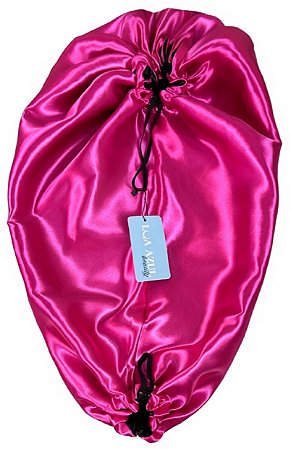 Touca de Cetim Alongada Secadora Anti Encolhimento - Dupla Face - Rosa Pink e Preto