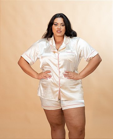 Pijama Americano Cetim - Ava  Pérola detalhes Rosé